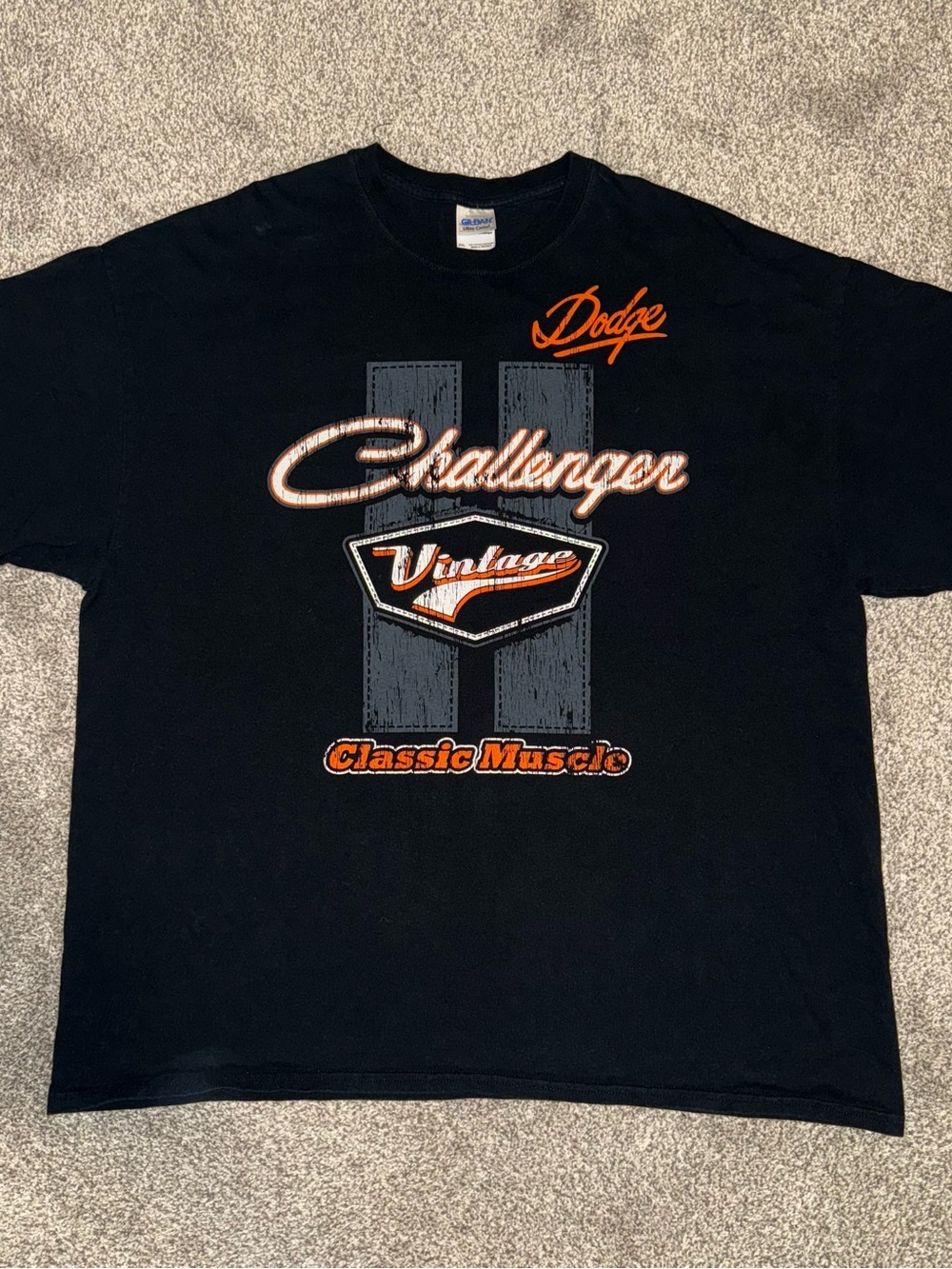 Gildan Black Dodge Challenger Vintage Graphic Tee with Orange Accents